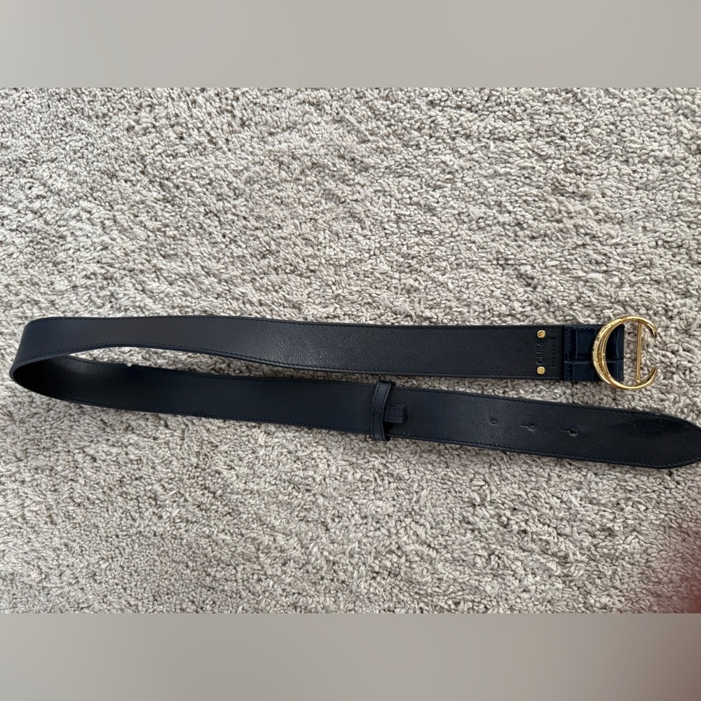 Chloé Leather Belt - Navy Blue with Gold Buckle